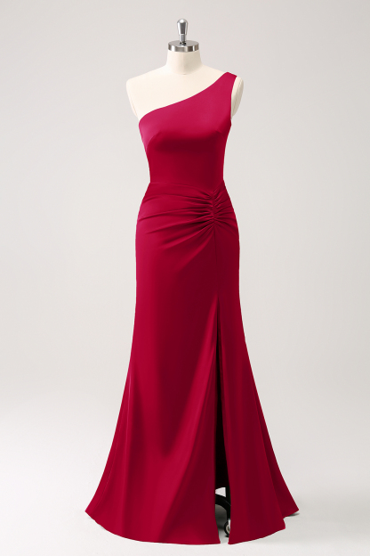 Leely Women Olive One Shoulder Mermaid Satin Long Bridesmaid Dress