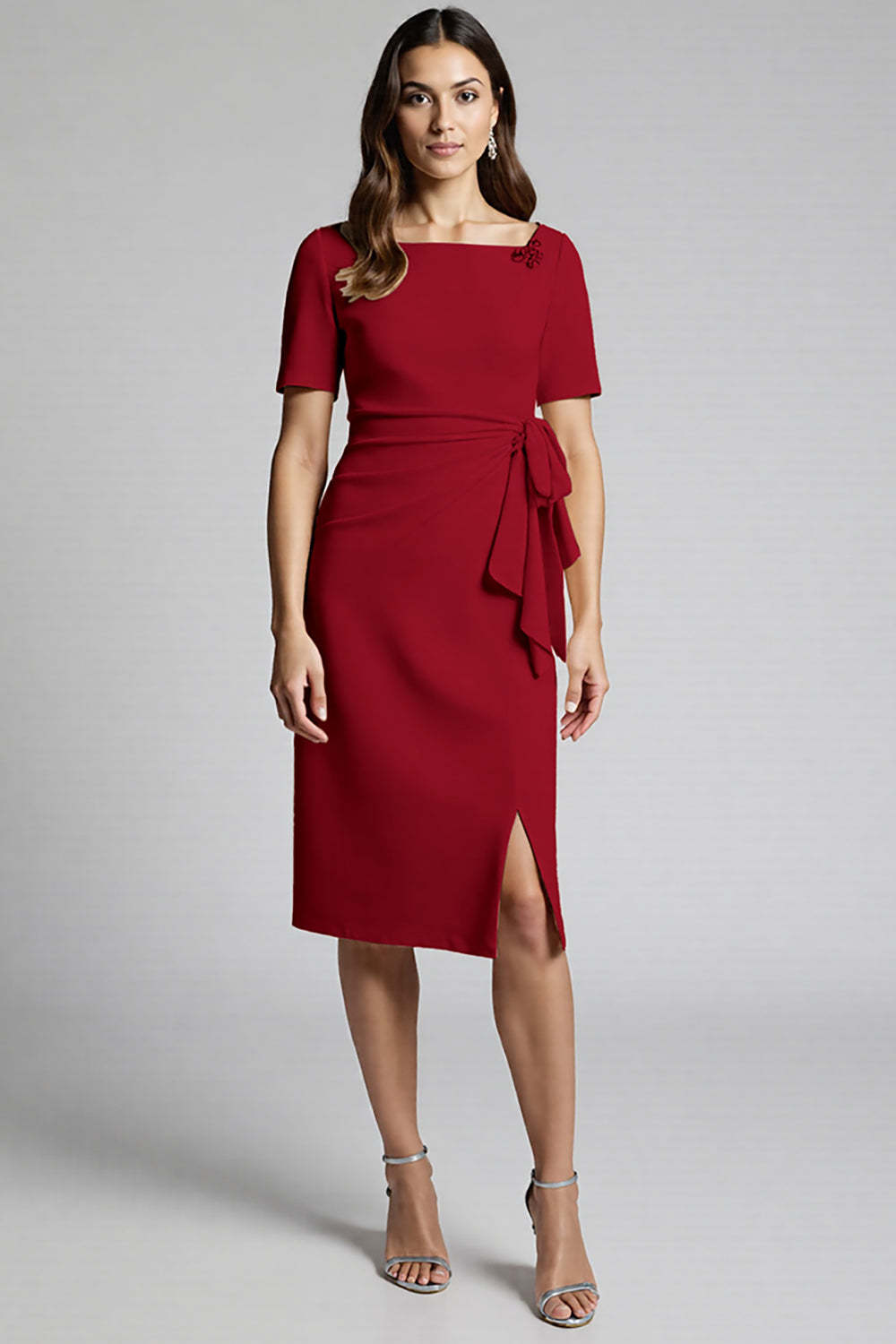 Dusty Blue Midi Bodycon Satin Work Dress with Slit