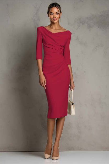 Plus Size Simple Black Ruched Midi Pencil Work Dress with Slit