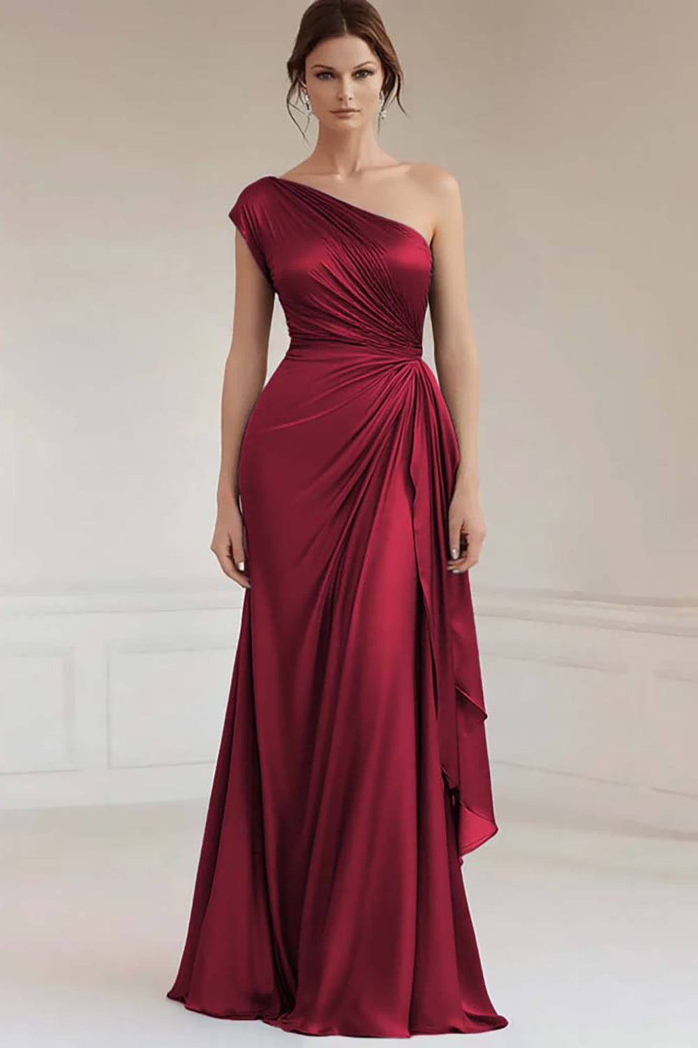 Grey Blue One Shoulder Sheath Maxi Formal Dress with Ruffles