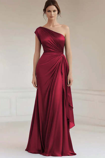 Grey Blue One Shoulder Sheath Maxi Formal Dress with Ruffles