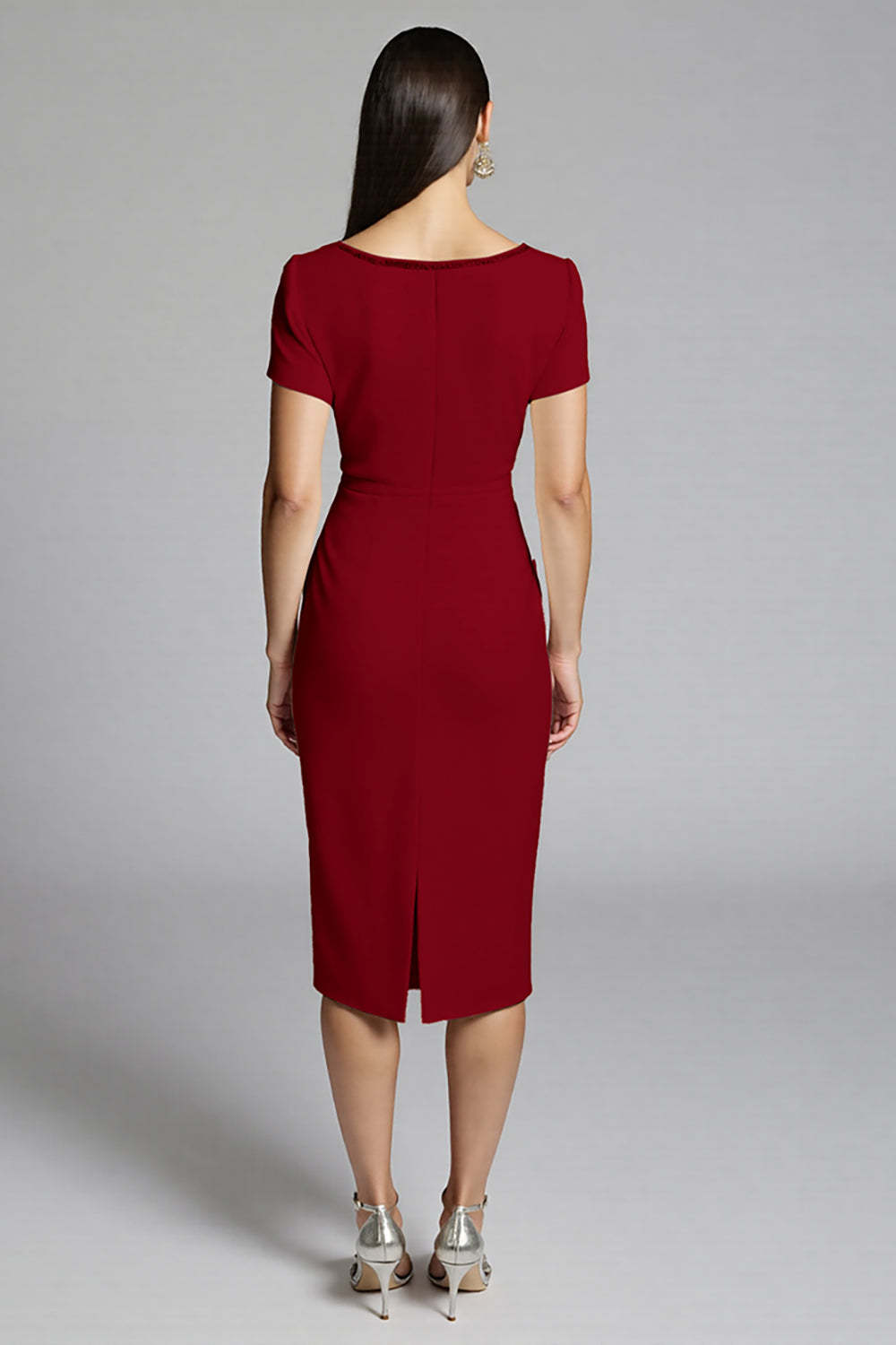 Beige Bodycon Satin Midi Work Dress with Ruffles