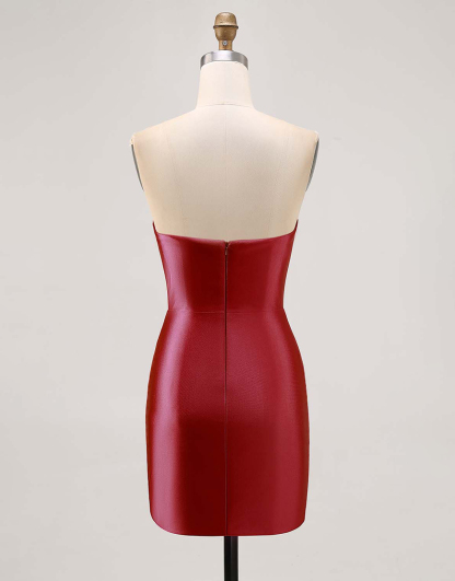 Sparkly Short Fuchsia Satin Tight Strapless Homecoming Dress with Rhinestones