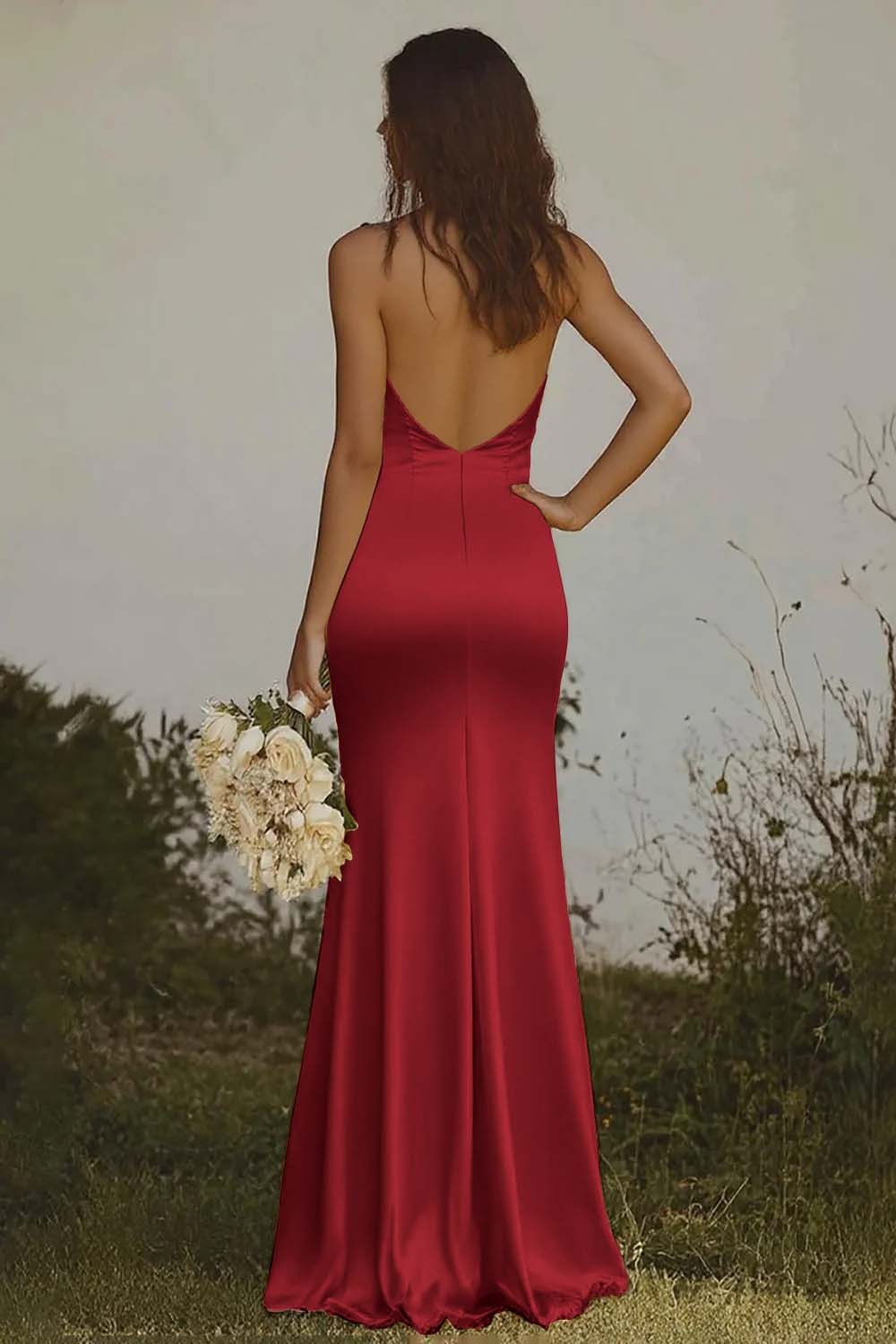 Elegant Light Yellow Sheath Halter Long Satin Bridesmaid Dress