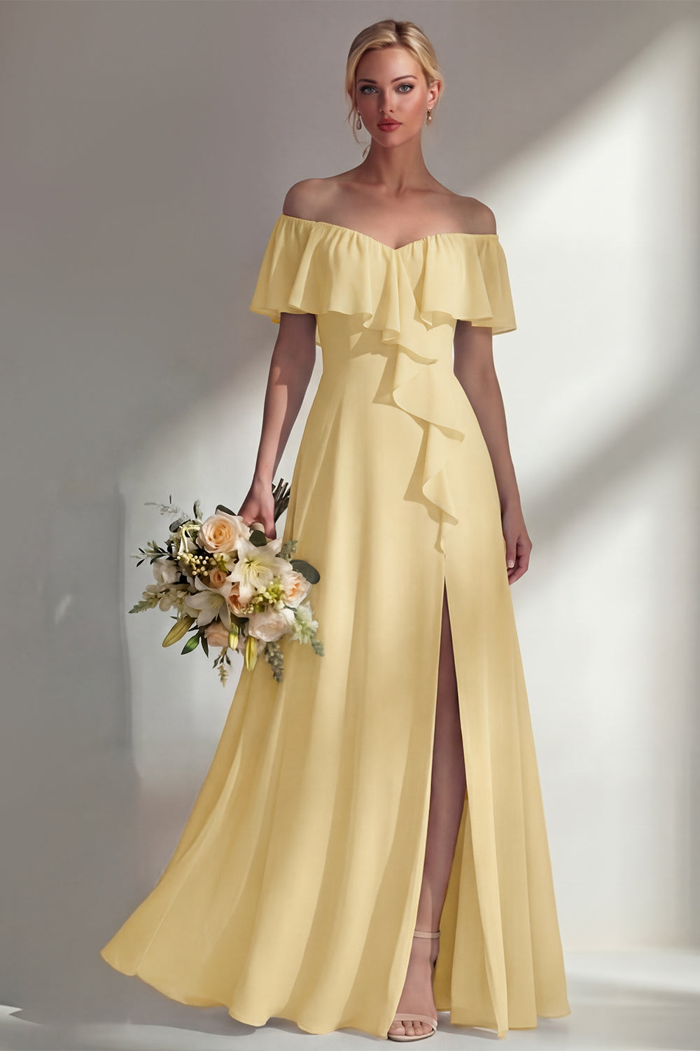 A Line Burgundy Ruffed Off the Shoulder Long Bridesmaid Dress with Slit