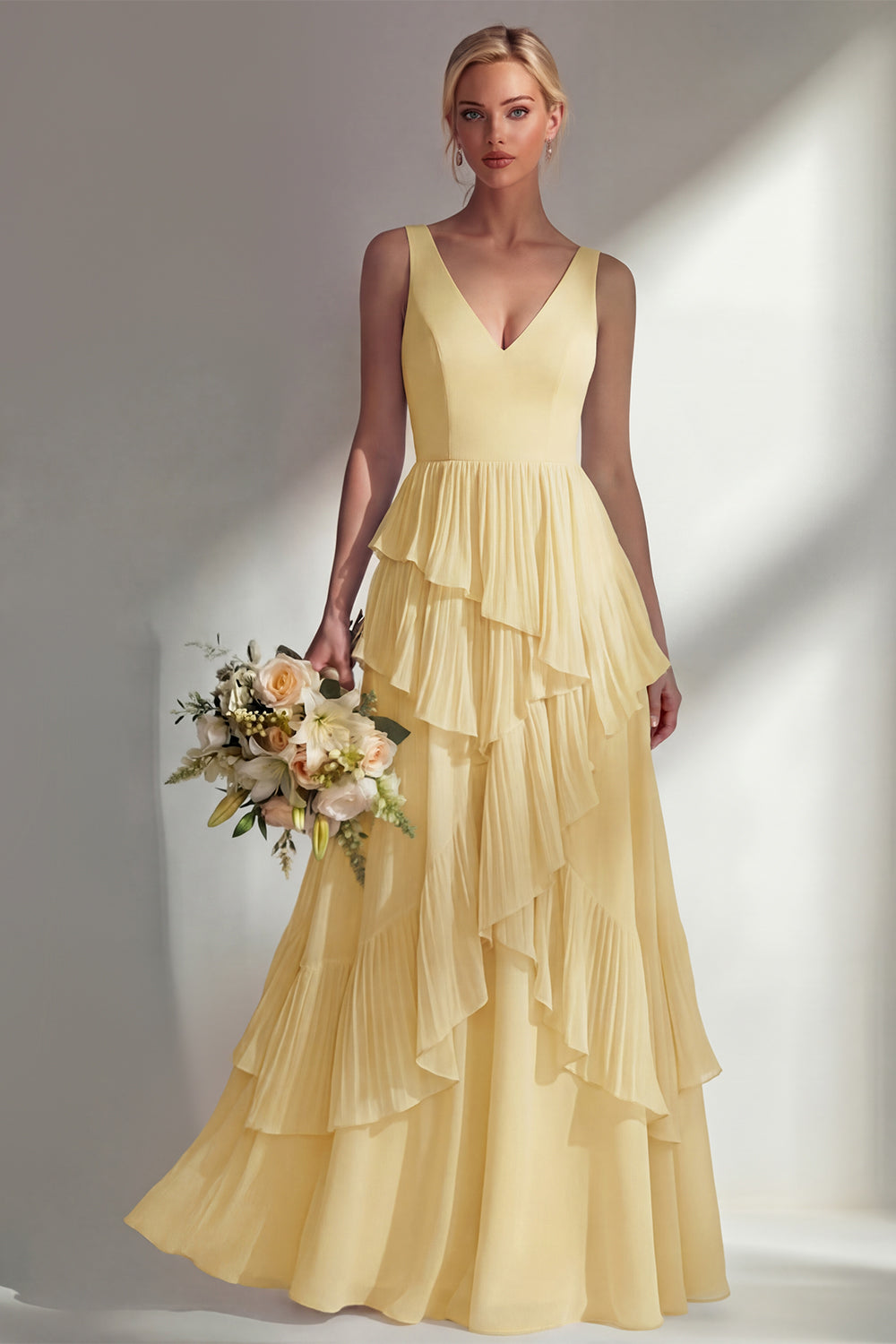 Sea Glass V Neck Ruffled Sleeveless Long Bridesmaid Dress