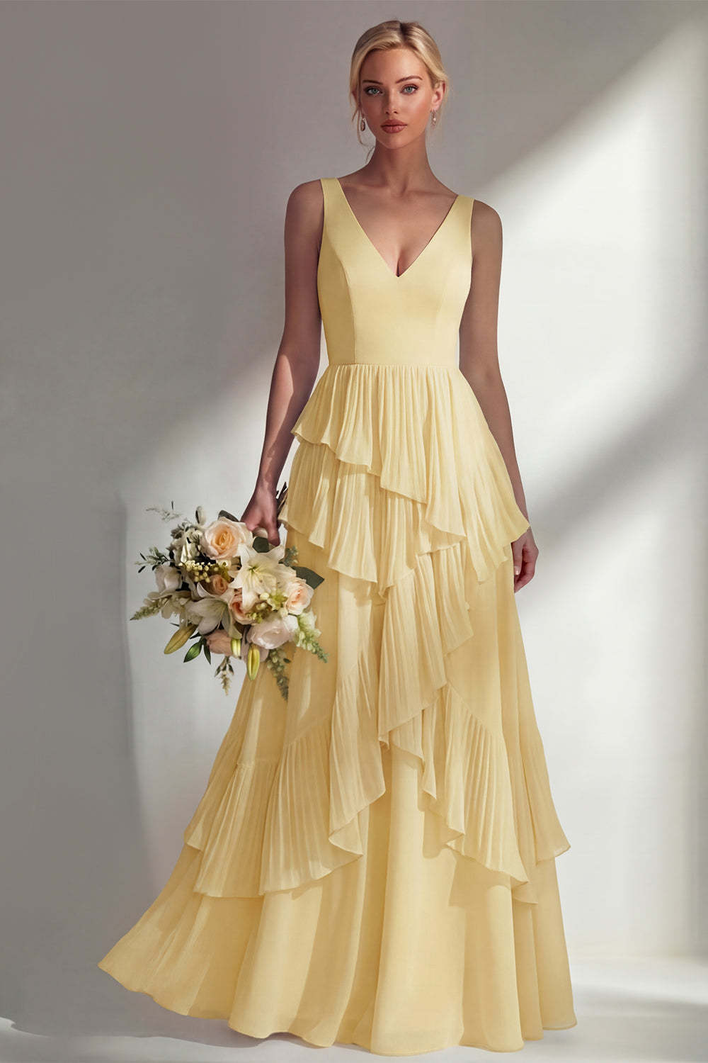 Sea Glass V Neck Ruffled Sleeveless Long Bridesmaid Dress