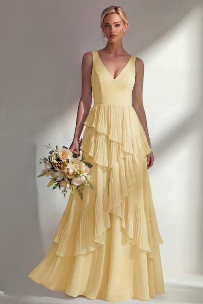 Sea Glass V Neck Ruffled Sleeveless Long Bridesmaid Dress