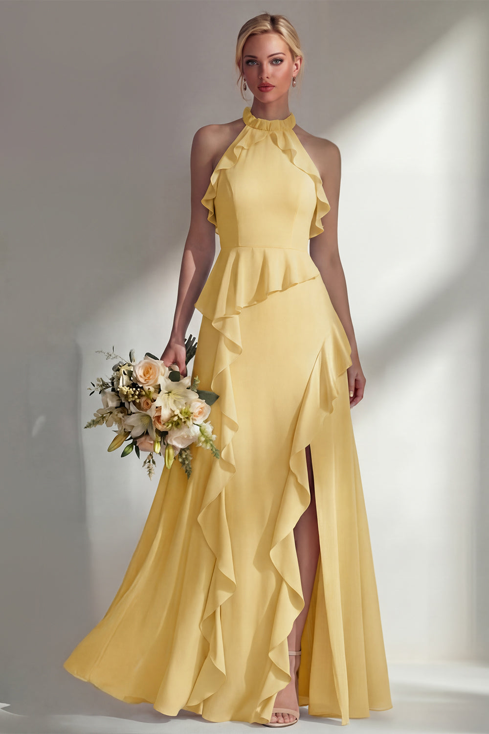 Butter Yellow Ruffled Halter Neck A Line Long Bridesmaid Dress with Slit