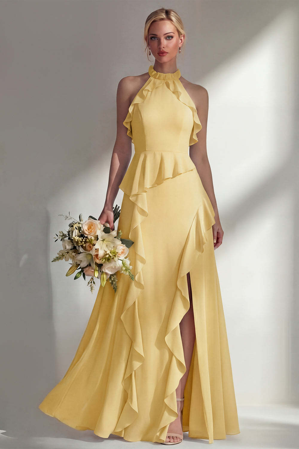 Butter Yellow Ruffled Halter Neck A Line Long Bridesmaid Dress with Slit
