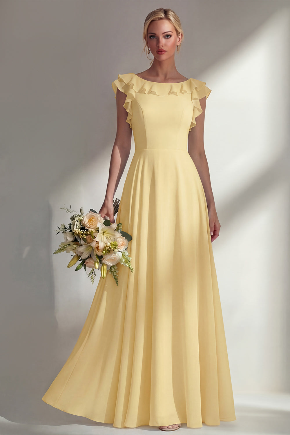 A Line Round Neck Ruffled Dusty Blue Long Bridesmaid Dress