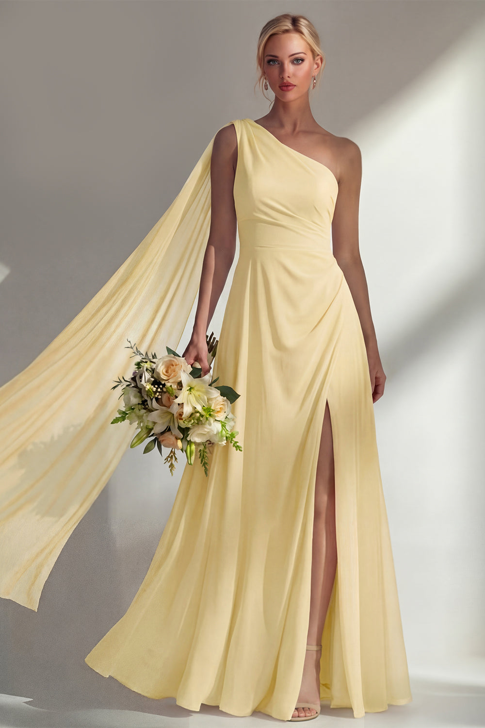 Leely Women Burgundy One Shoulder Backless Ruched Long Bridesmaid Dress with Slit Backless Sleeveless Wedding Guest Dress