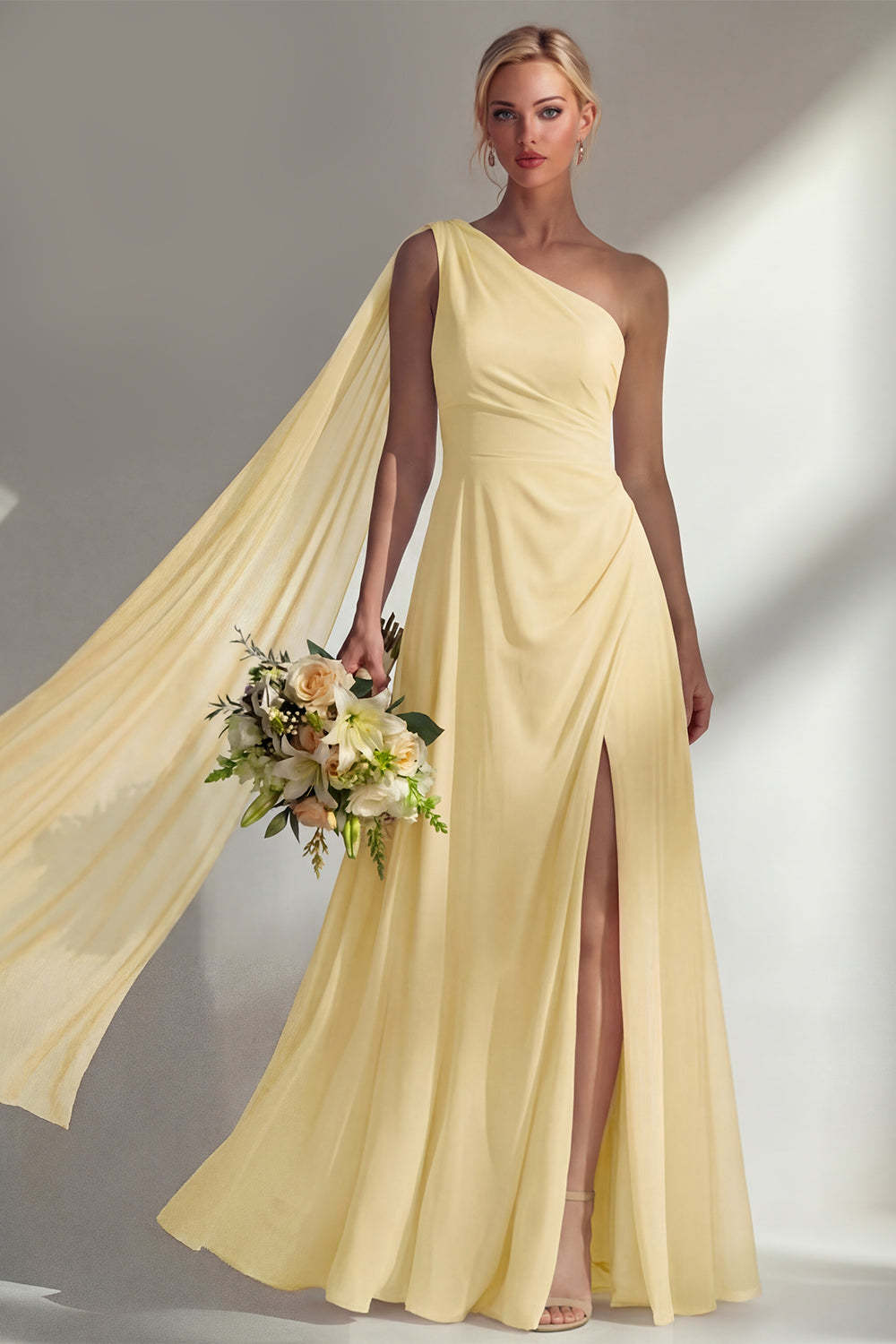 Leely Women Burgundy One Shoulder Backless Ruched Long Bridesmaid Dress with Slit Backless Sleeveless Wedding Guest Dress