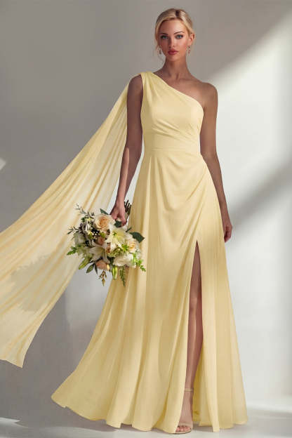 Leely Women Burgundy One Shoulder Backless Ruched Long Bridesmaid Dress with Slit Backless Sleeveless Wedding Guest Dress