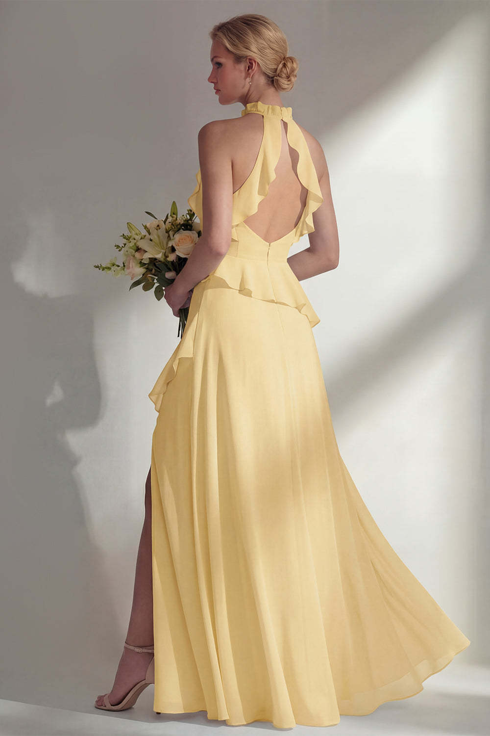 Butter Yellow Ruffled Halter Neck A Line Long Bridesmaid Dress with Slit