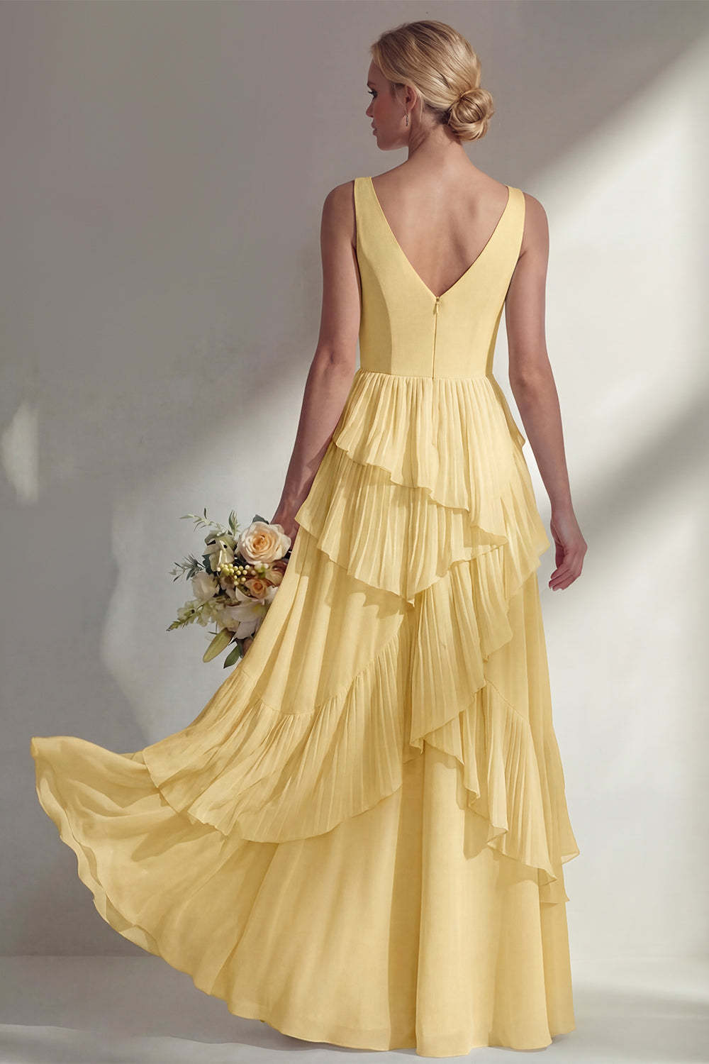 Sea Glass V Neck Ruffled Sleeveless Long Bridesmaid Dress