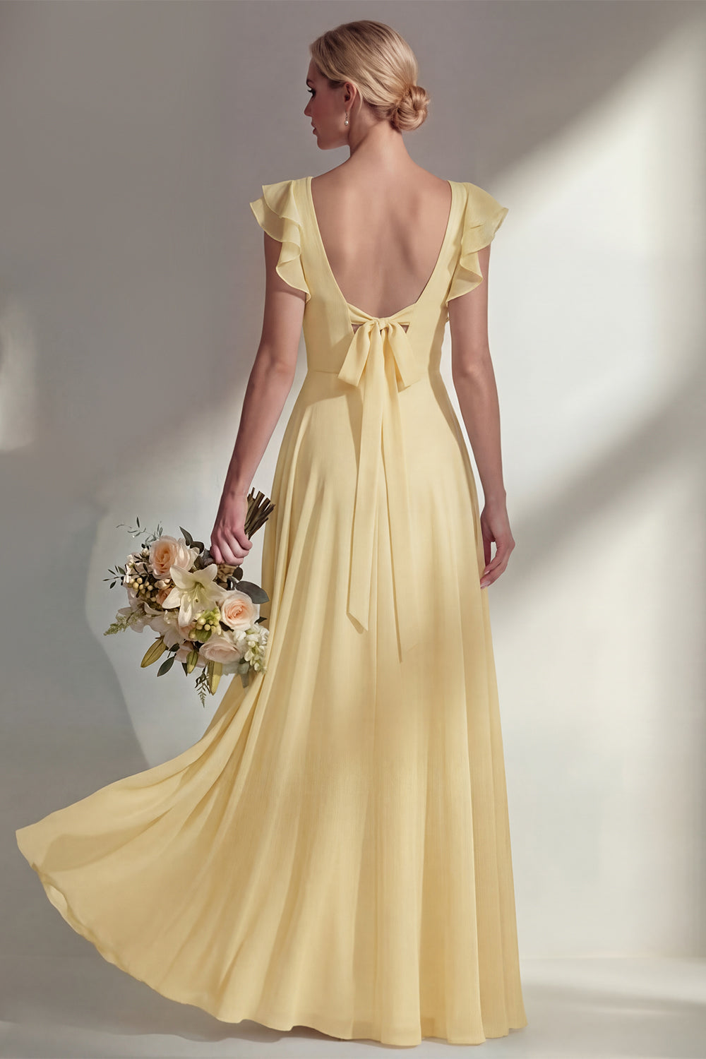 A Line Round Neck Ruffled Dusty Blue Long Bridesmaid Dress