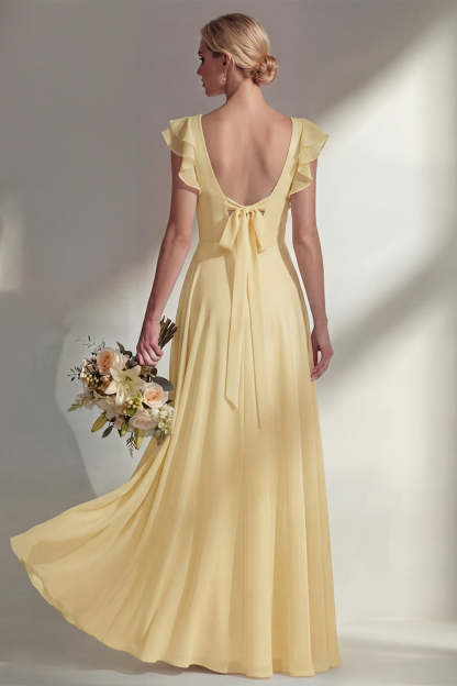 A Line Round Neck Ruffled Dusty Blue Long Bridesmaid Dress