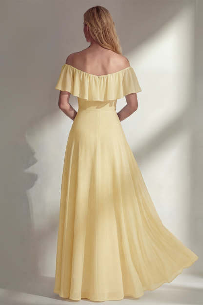 A Line Burgundy Ruffed Off the Shoulder Long Bridesmaid Dress with Slit