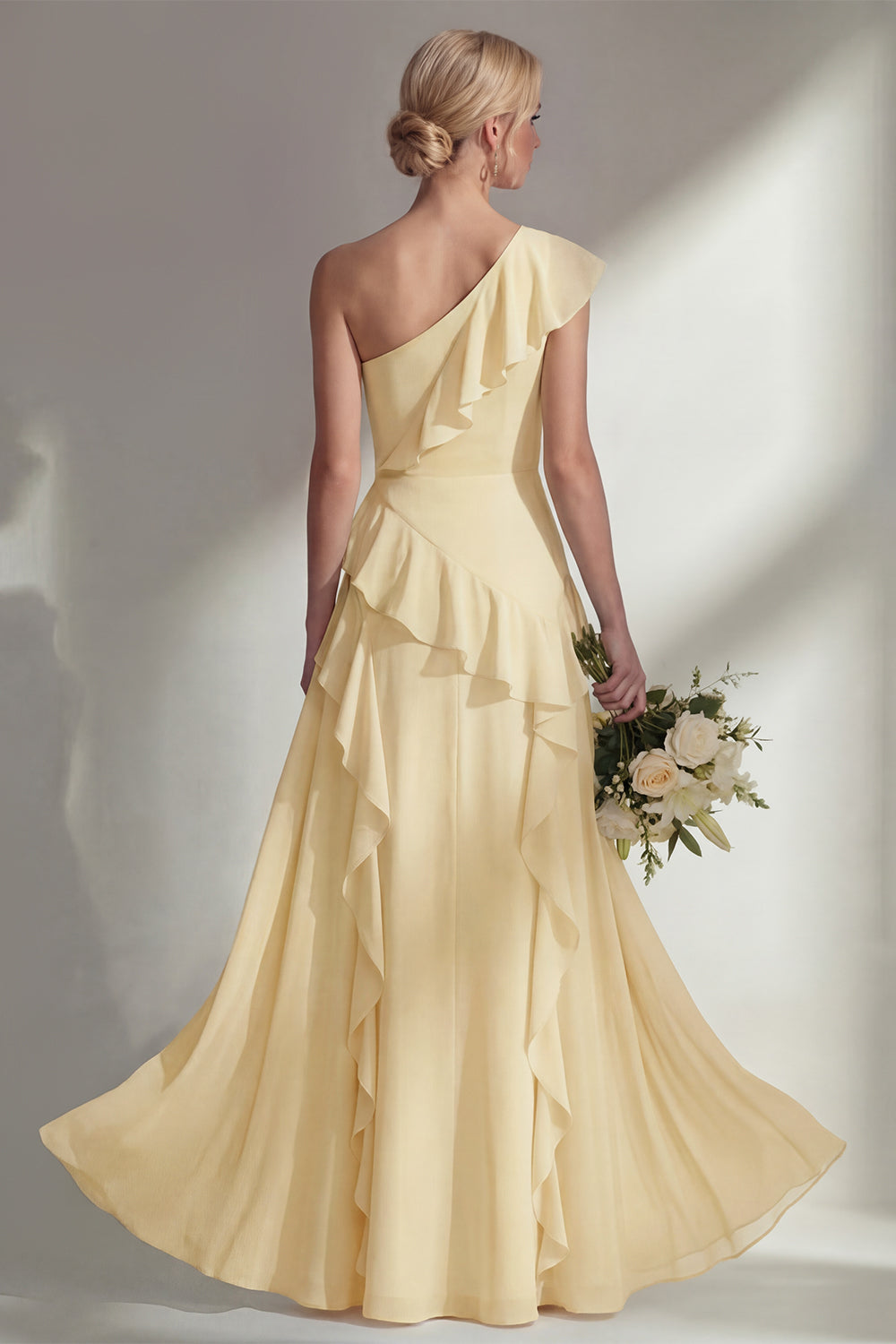 Emerald A Line Ruffled One Shoulder Long Bridesmaid Dress with Slit