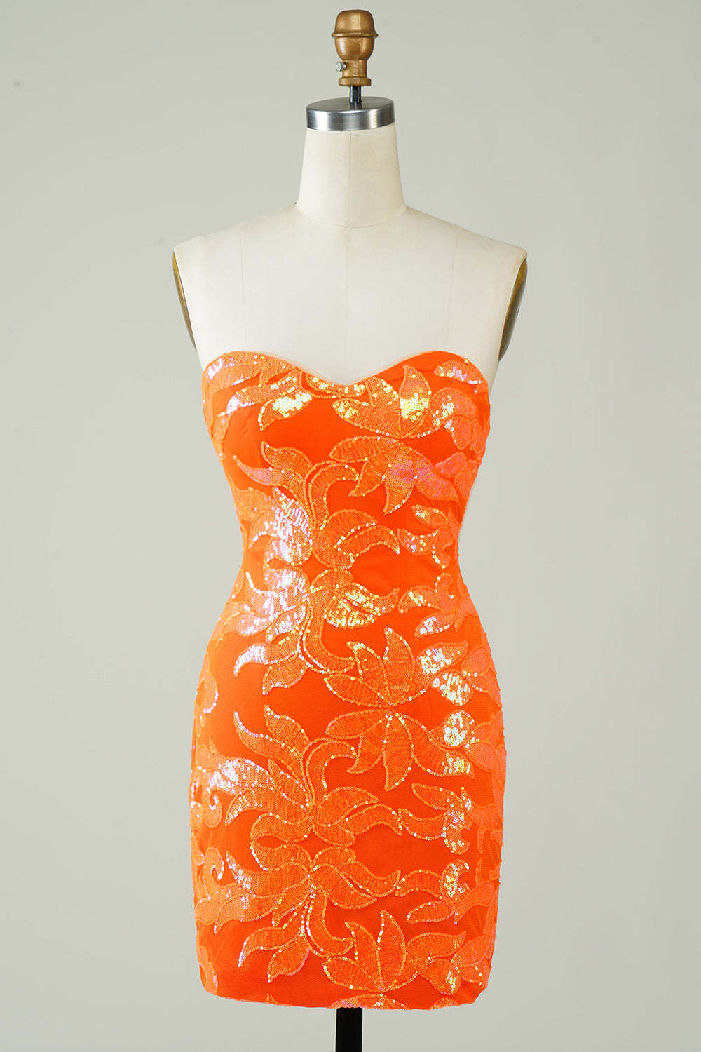 LEELY Women Strapless Orange Tight Homecoming Dress Sequins Cocktail Dress with Criss-Cross Back