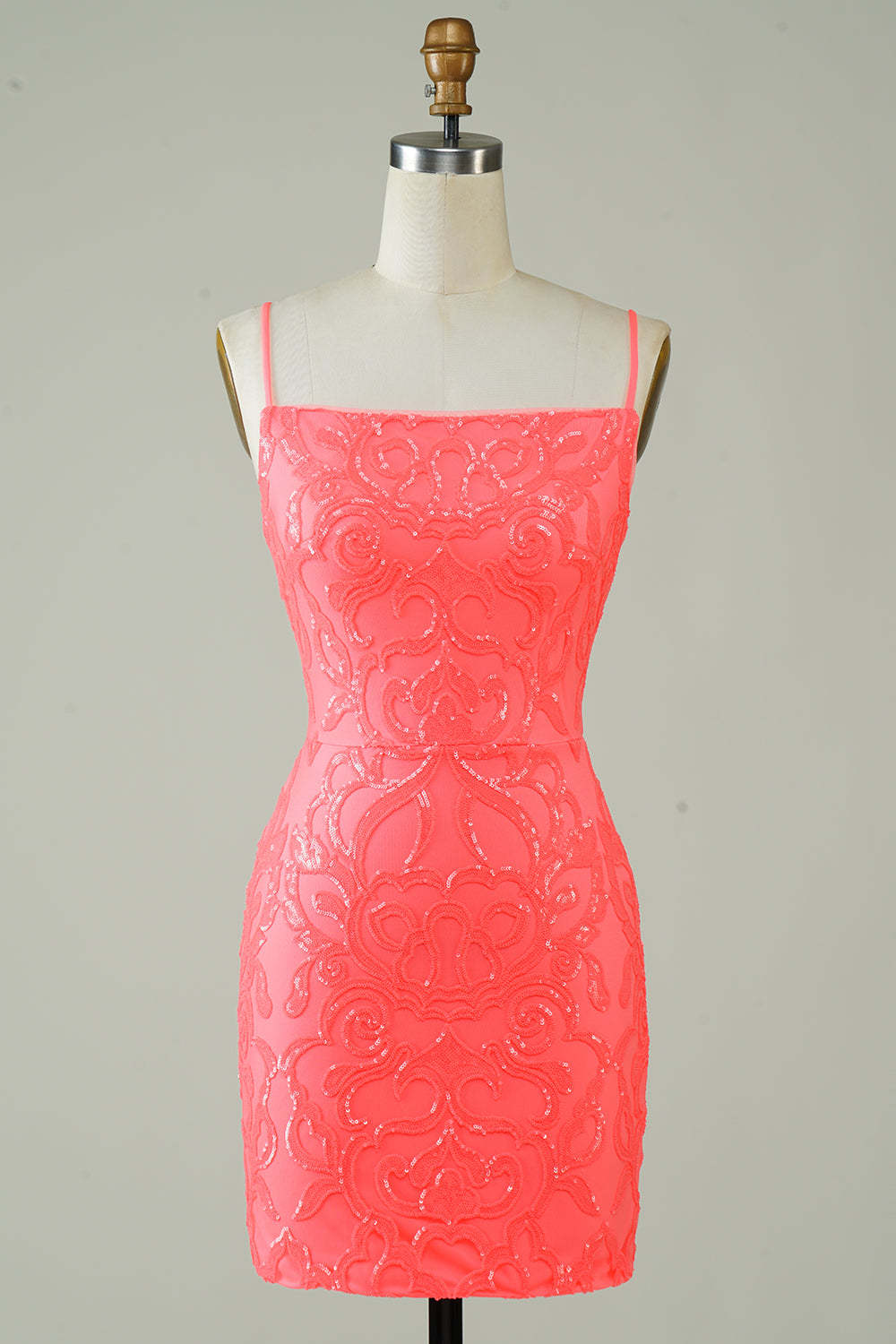 LEELY Women Glitter Sequins Printed Tight Homecoming Dress Spaghetti Straps Peach Cocktail Dress