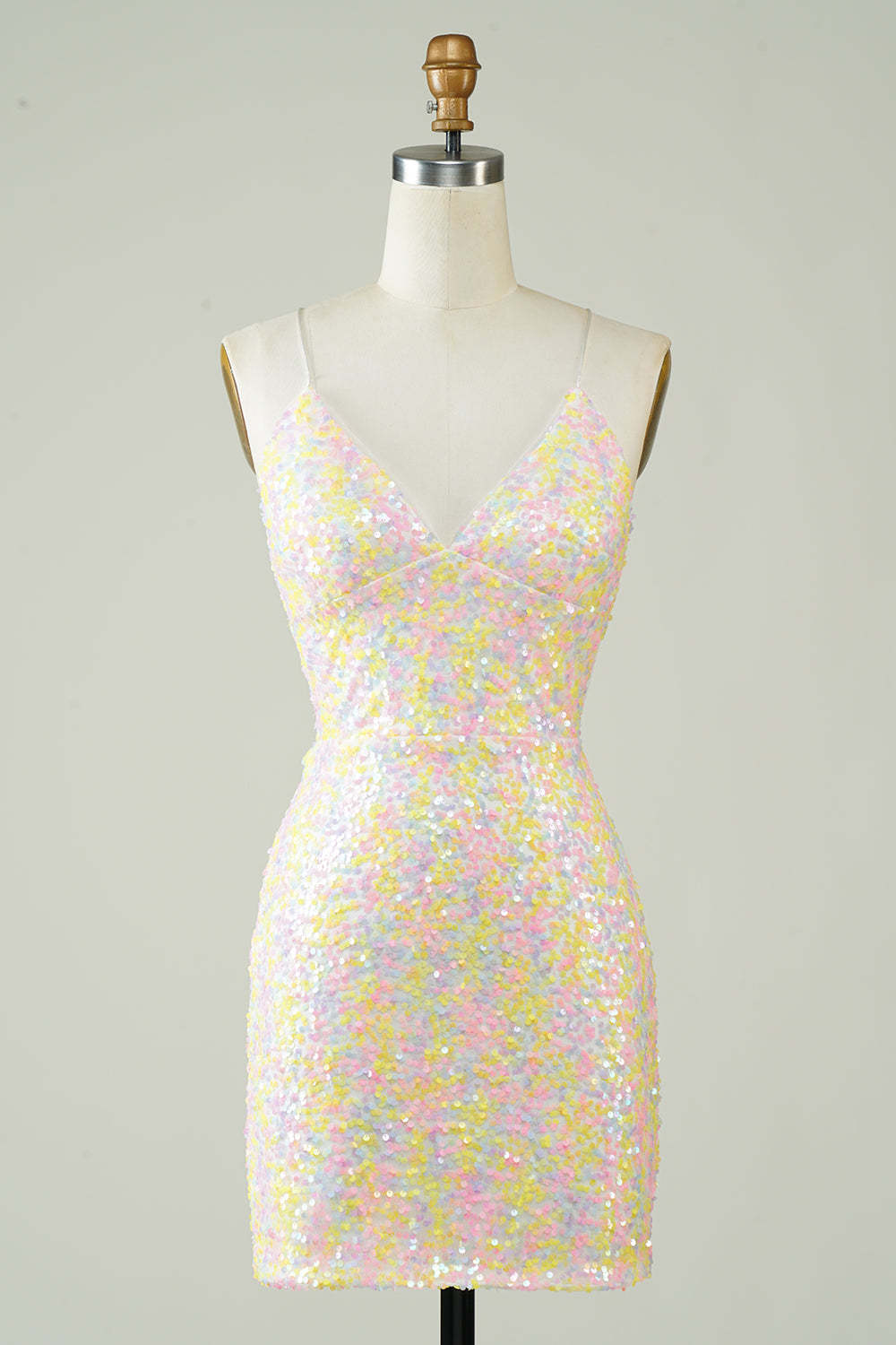Leely Women White Spaghetti Straps Tight Homecoming Dress with Iridescent Sequins