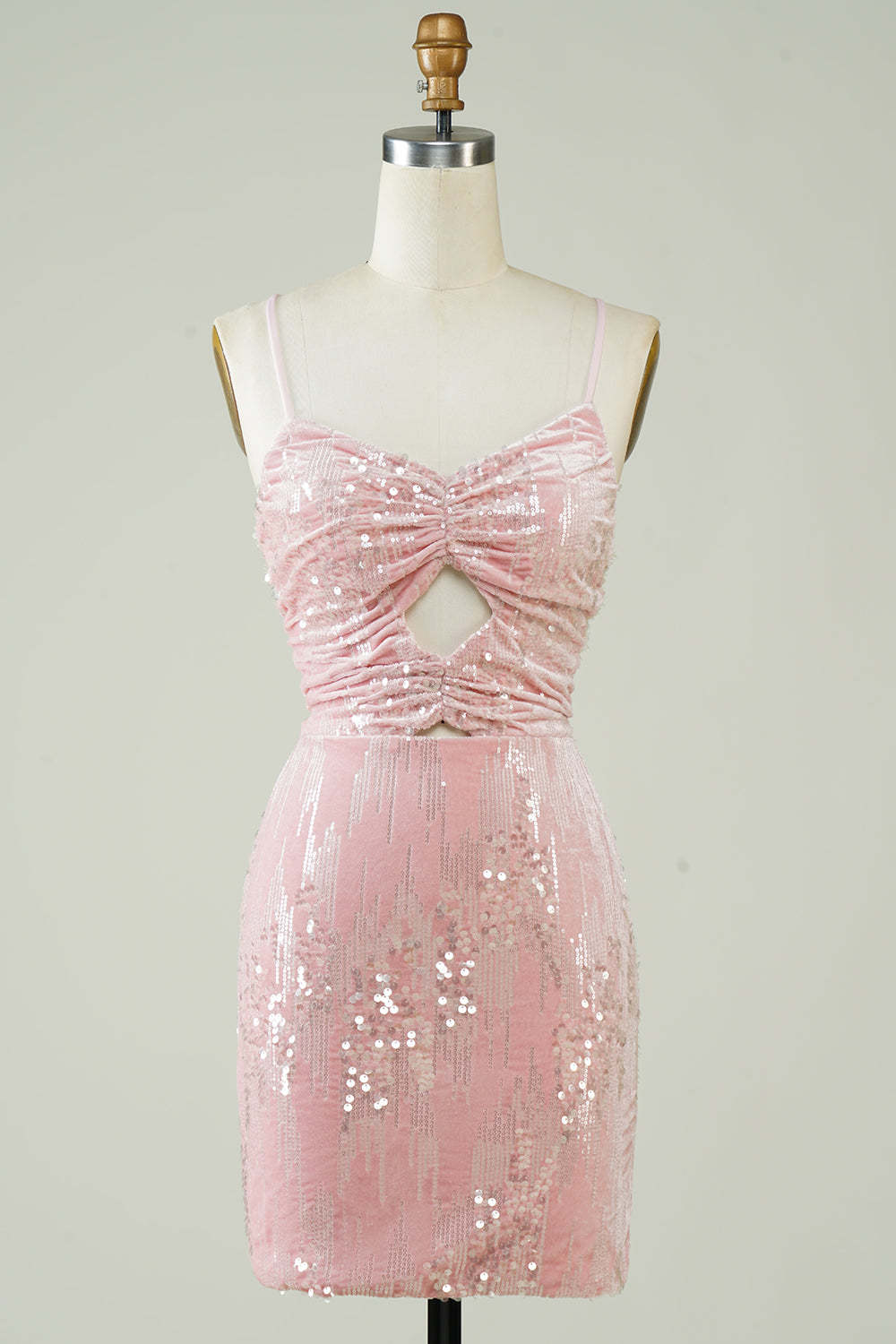 Leely Women Pink Sequins Tight Homecoming Dress with Hollow-out Velvet Lace Up Cocktail Dress