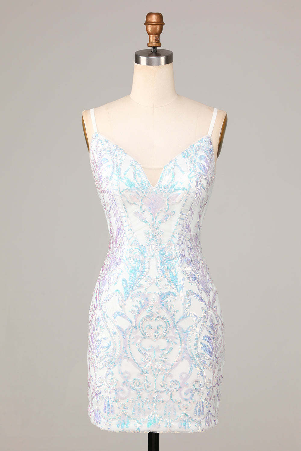 LEELY Women White Sparkly Sequins Short Homecoming Dress Stylish Sheath Spaghetti Straps Cocktail Dress