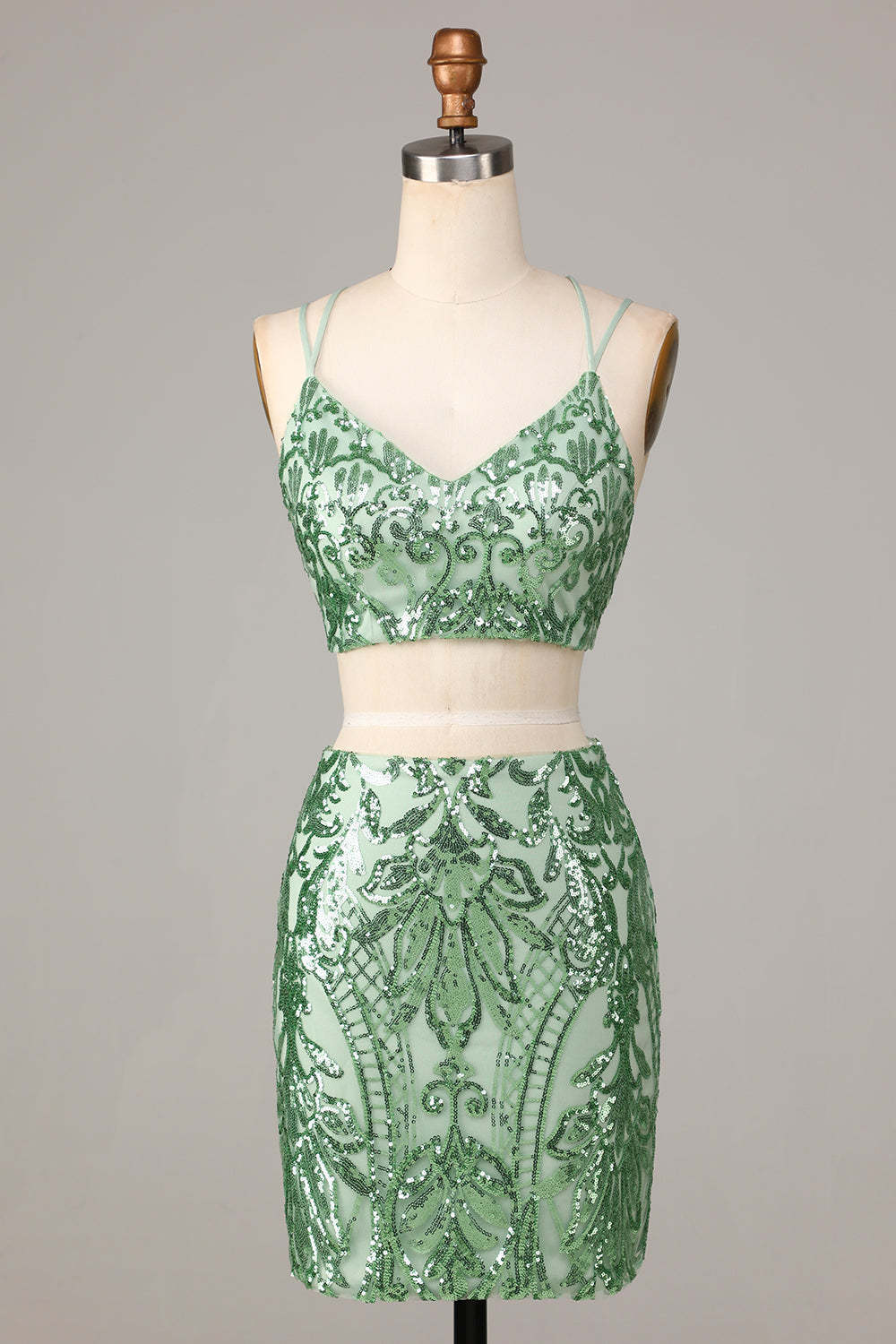 LEELY Women Green Sequins Two Piece Short Homecoming Dress Spaghetti Straps Lace Up Cocktail Dress