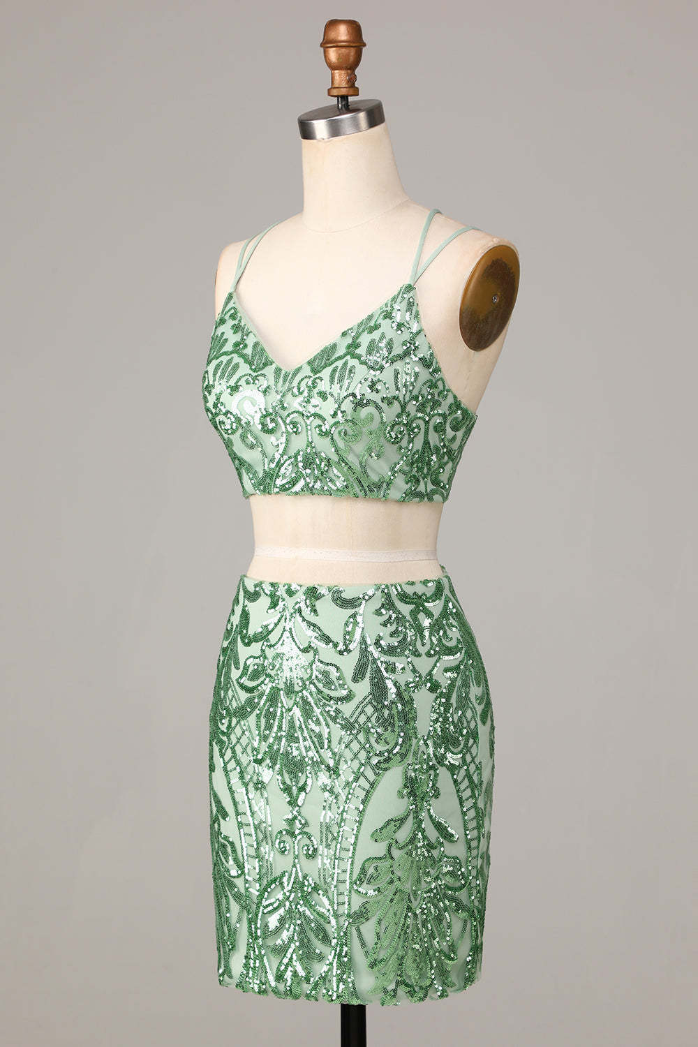 Ultimate Glow Two Piece Spaghetti Straps Green Sequins Short Homecoming Dress