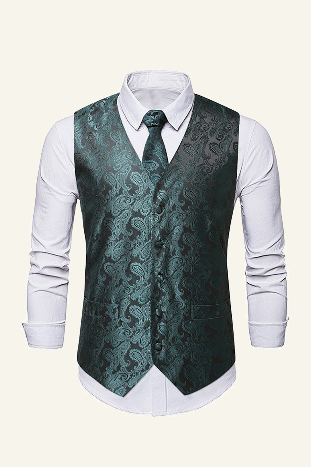 Leely Green Single Breasted Lapel Slim Fit Print Men's Suit Vest