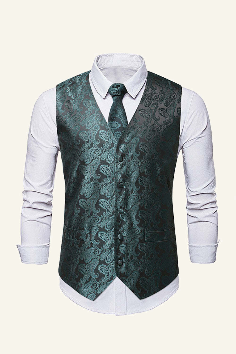 Leely Green Single Breasted Lapel Slim Fit Print Men's Suit Vest