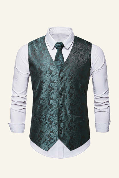 Leely Green Single Breasted Lapel Slim Fit Print Men's Suit Vest