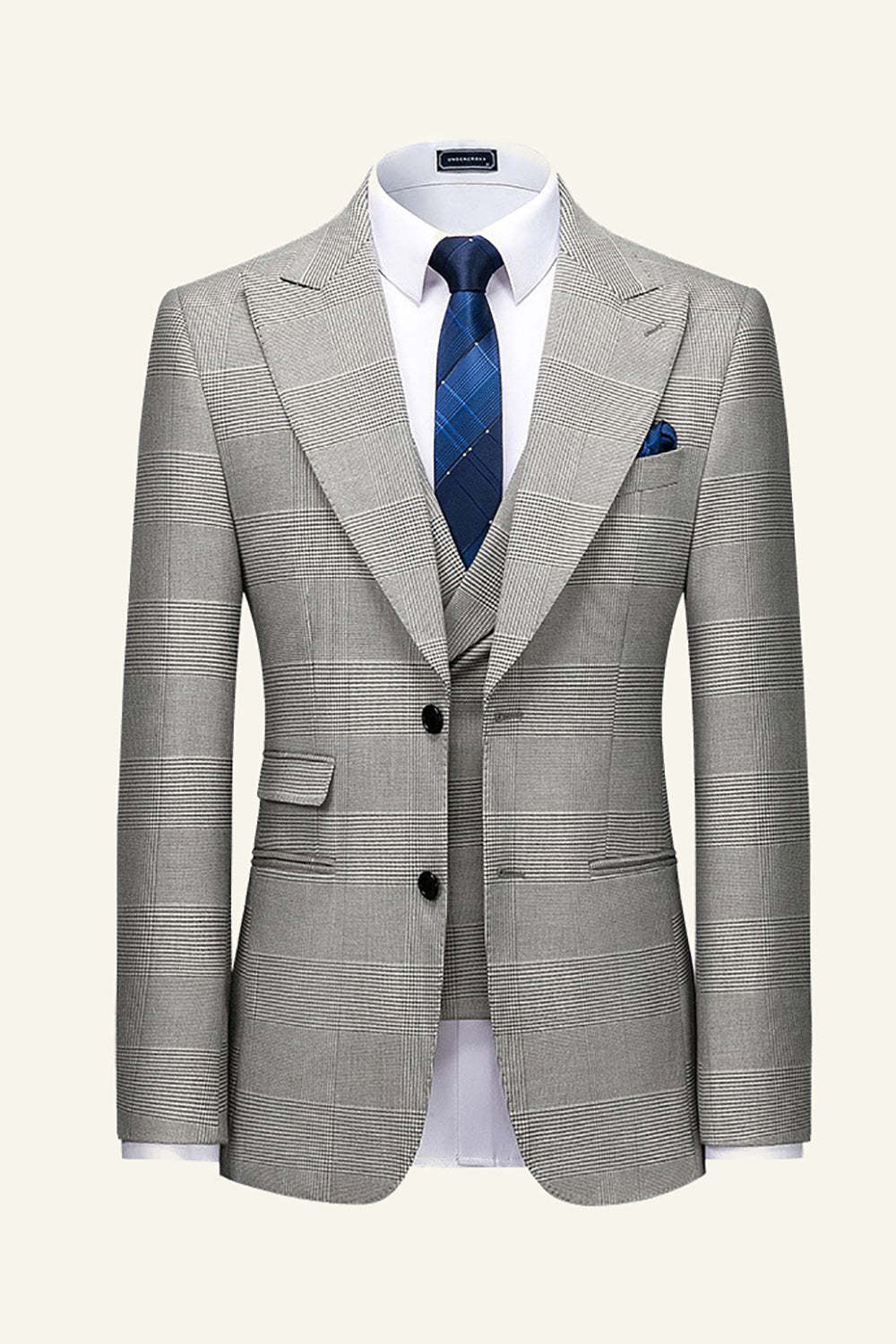 Leely Grey Plaid Peak Lapel 3 Piece Men Wedding Suits Two Button Formal Tuxedo