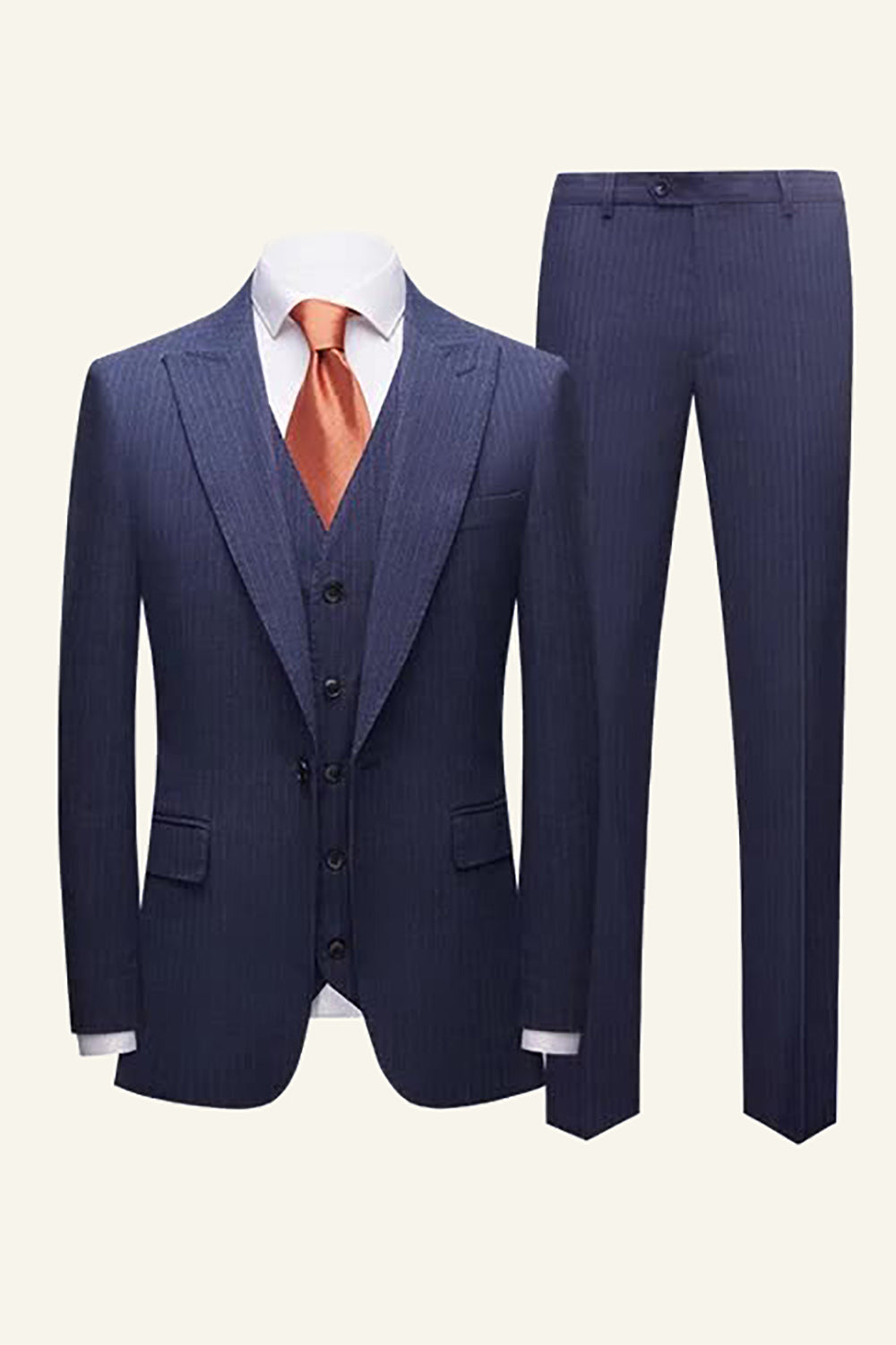 Leely Dark Blue Pinstriped 3 Piece Men Wedding Suits One Button Formal Tuxedo