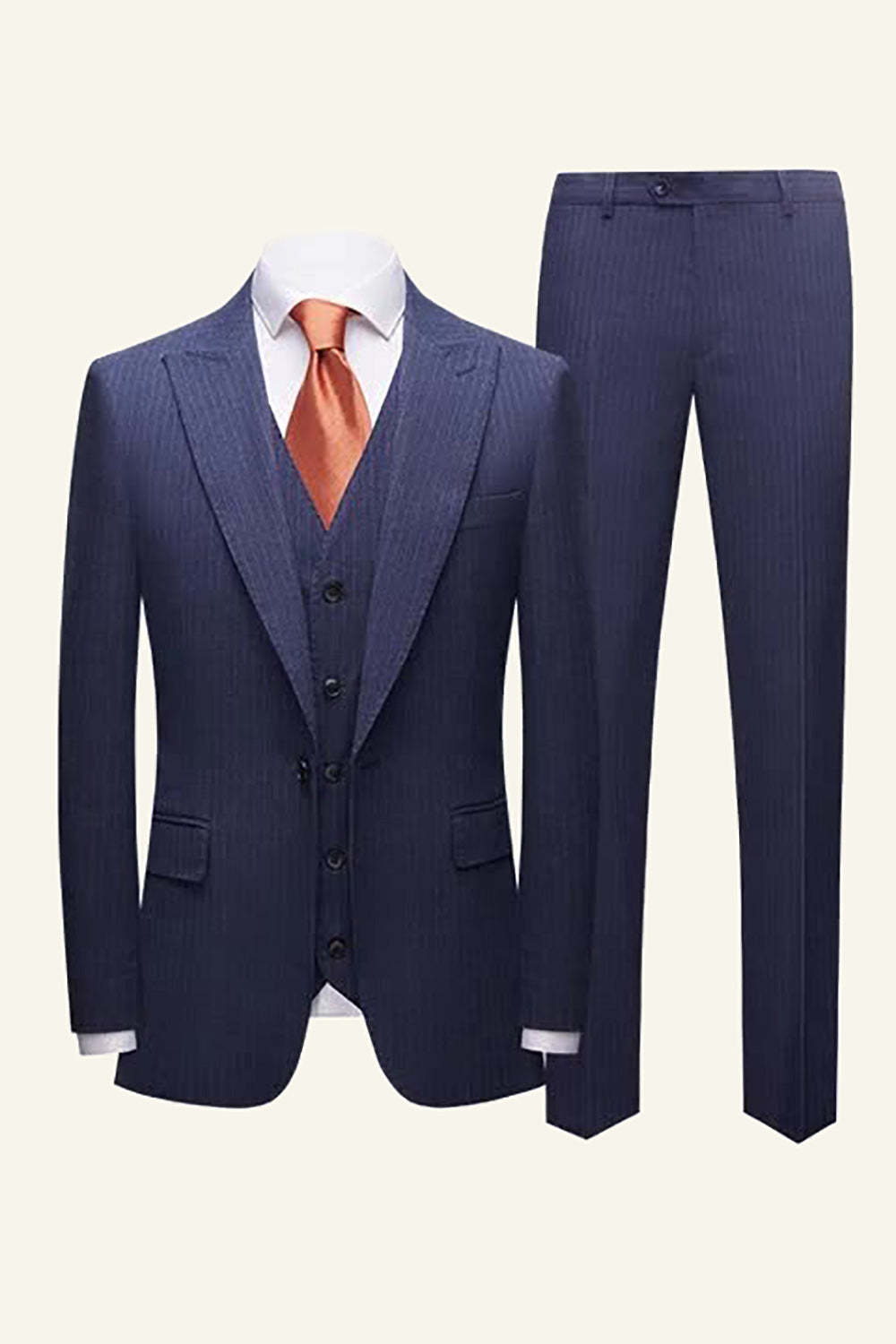 Leely Dark Blue Pinstriped 3 Piece Men Wedding Suits One Button Formal Tuxedo
