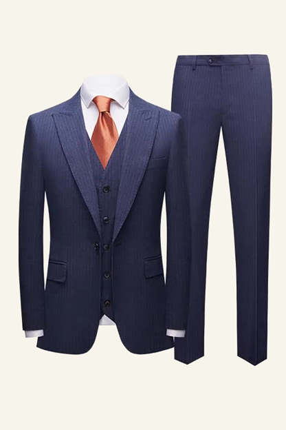 Leely Dark Blue Pinstriped 3 Piece Men Wedding Suits One Button Formal Tuxedo