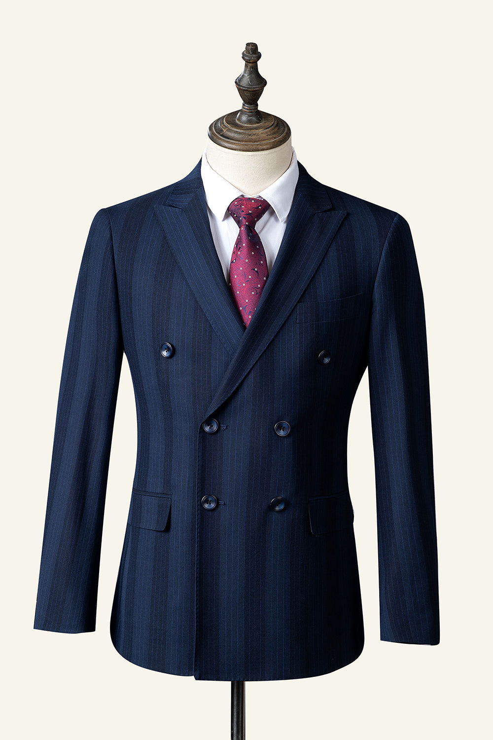 Leely Men's Suit Dark Blue Pinstripe Double-Breasted 3-Piece Wedding Suit