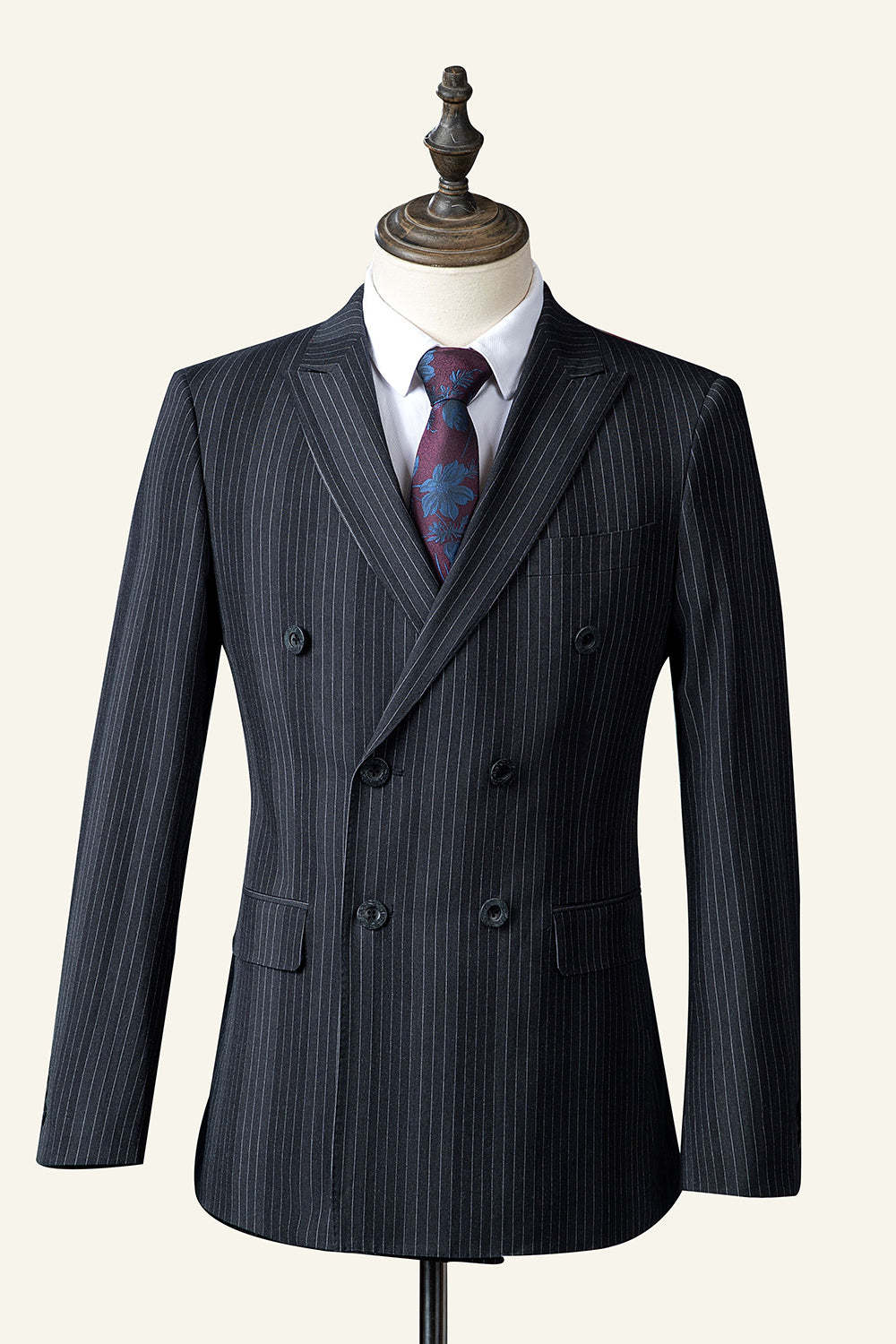 Leely Men's Suit Black Pinstriped Double-Breasted 3-Piece Wedding Suit