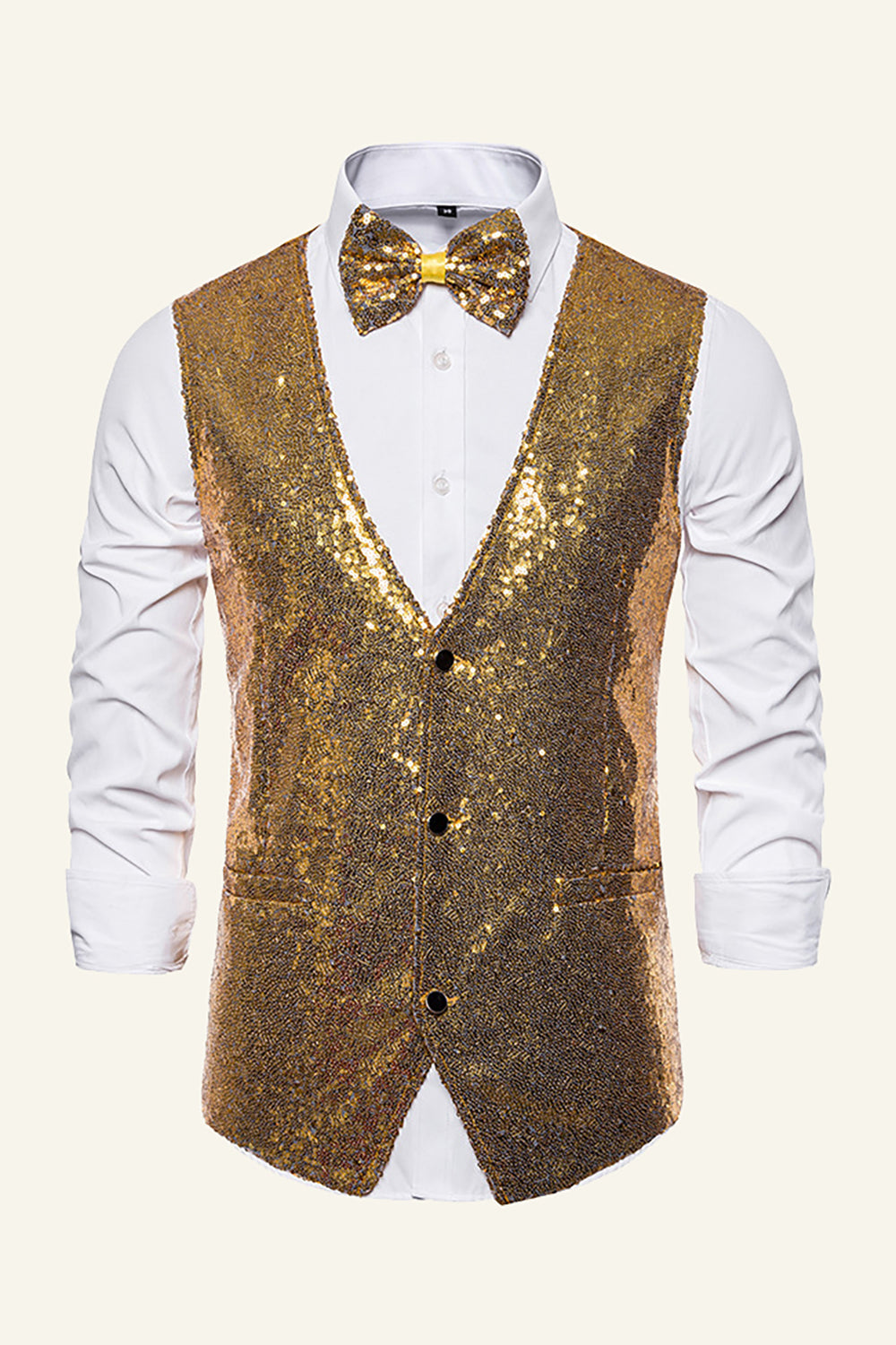 Leely Sparkly Golden Lapel Sequins Men's Vest with Bow Tie