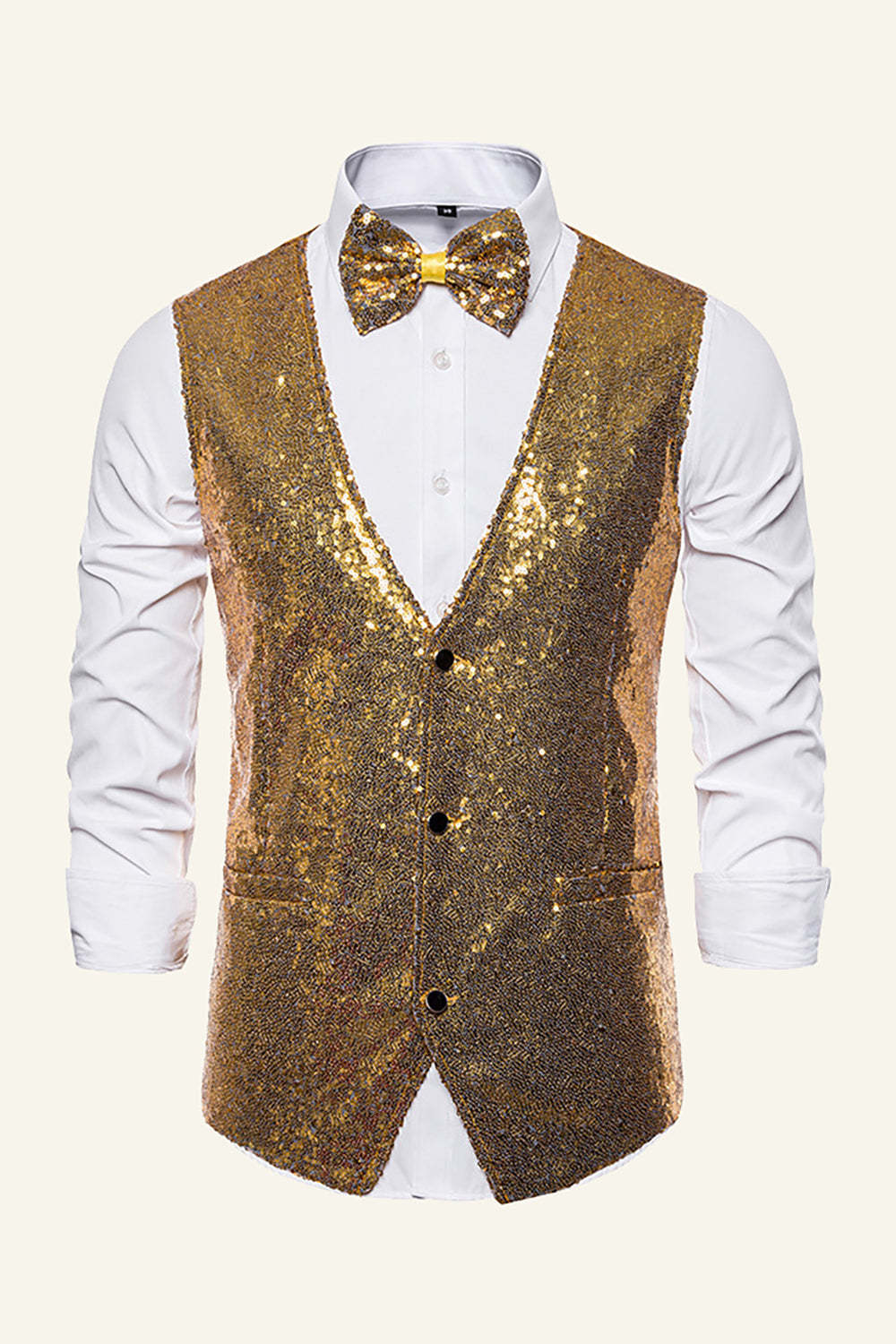 Leely Sparkly Golden Lapel Sequins Men's Vest with Bow Tie