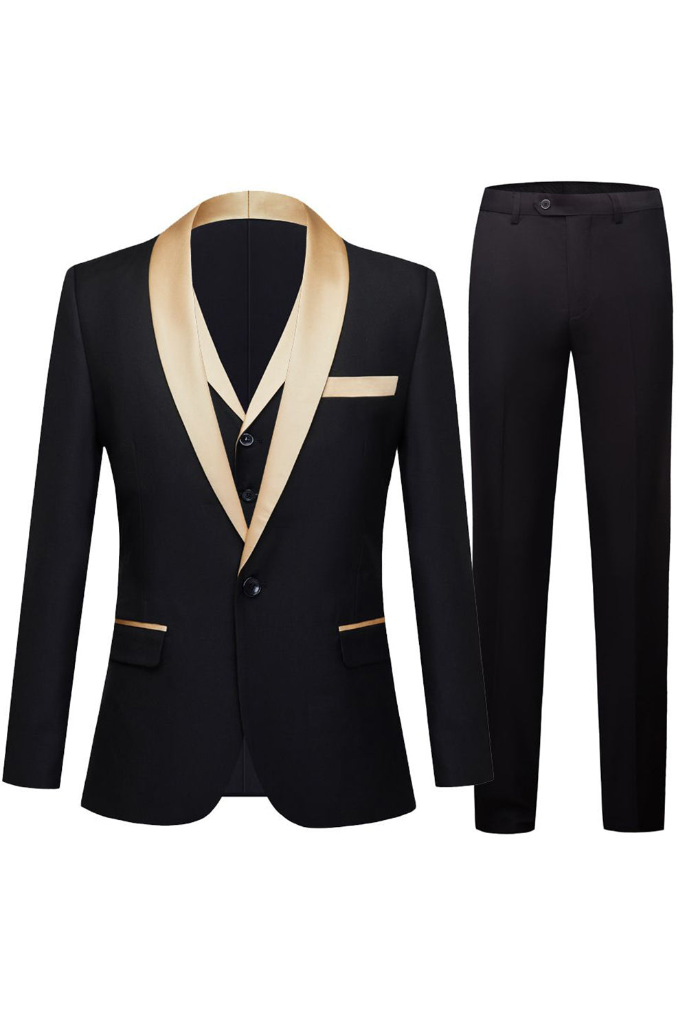 Black and Champagne Shawl Lapel  3 Piece Slim Fit Men's Homecoming Suits