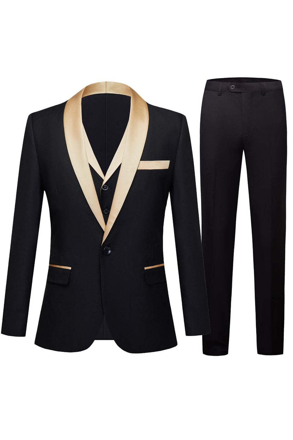 Black and Champagne Shawl Lapel  3 Piece Slim Fit Men's Homecoming Suits