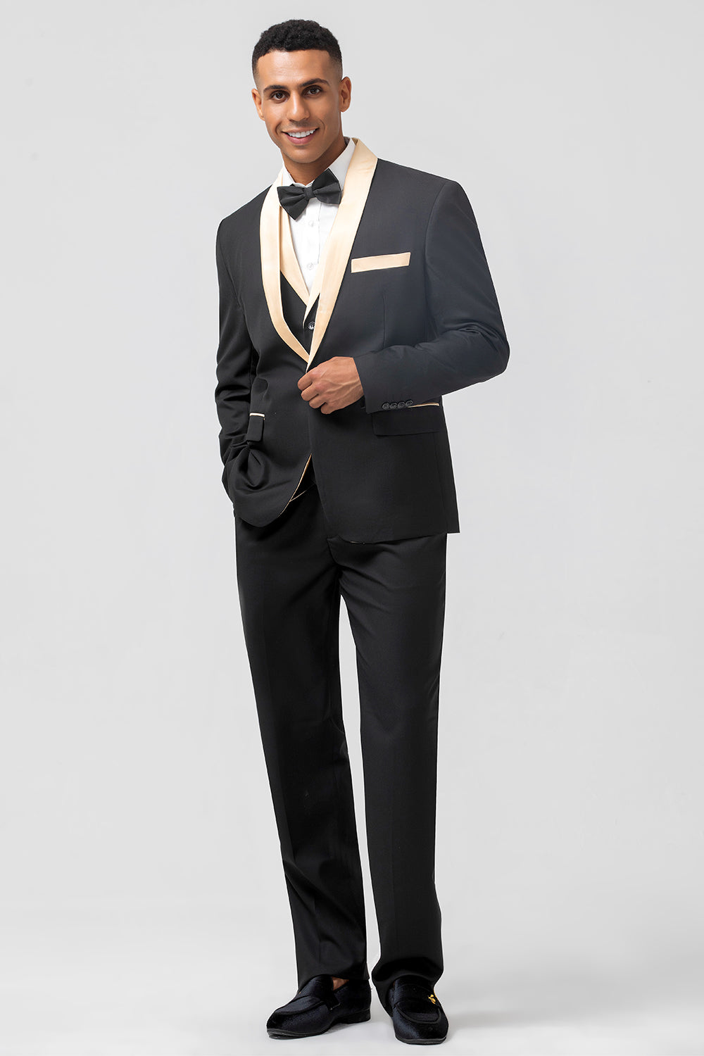 Black and Champagne Shawl Lapel  3 Piece Slim Fit Men's Homecoming Suits