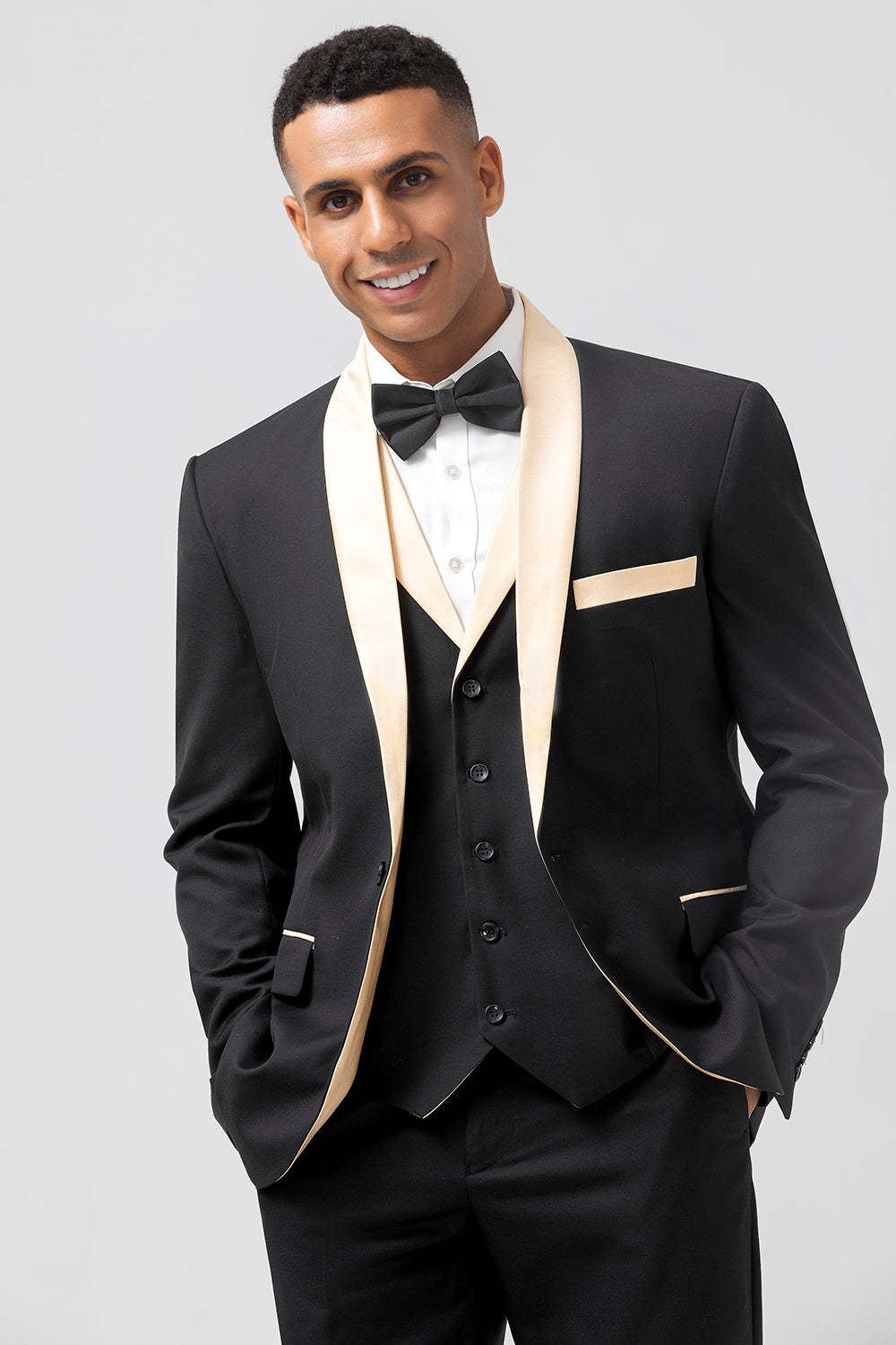 Black and Champagne Shawl Lapel  3 Piece Slim Fit Men's Homecoming Suits
