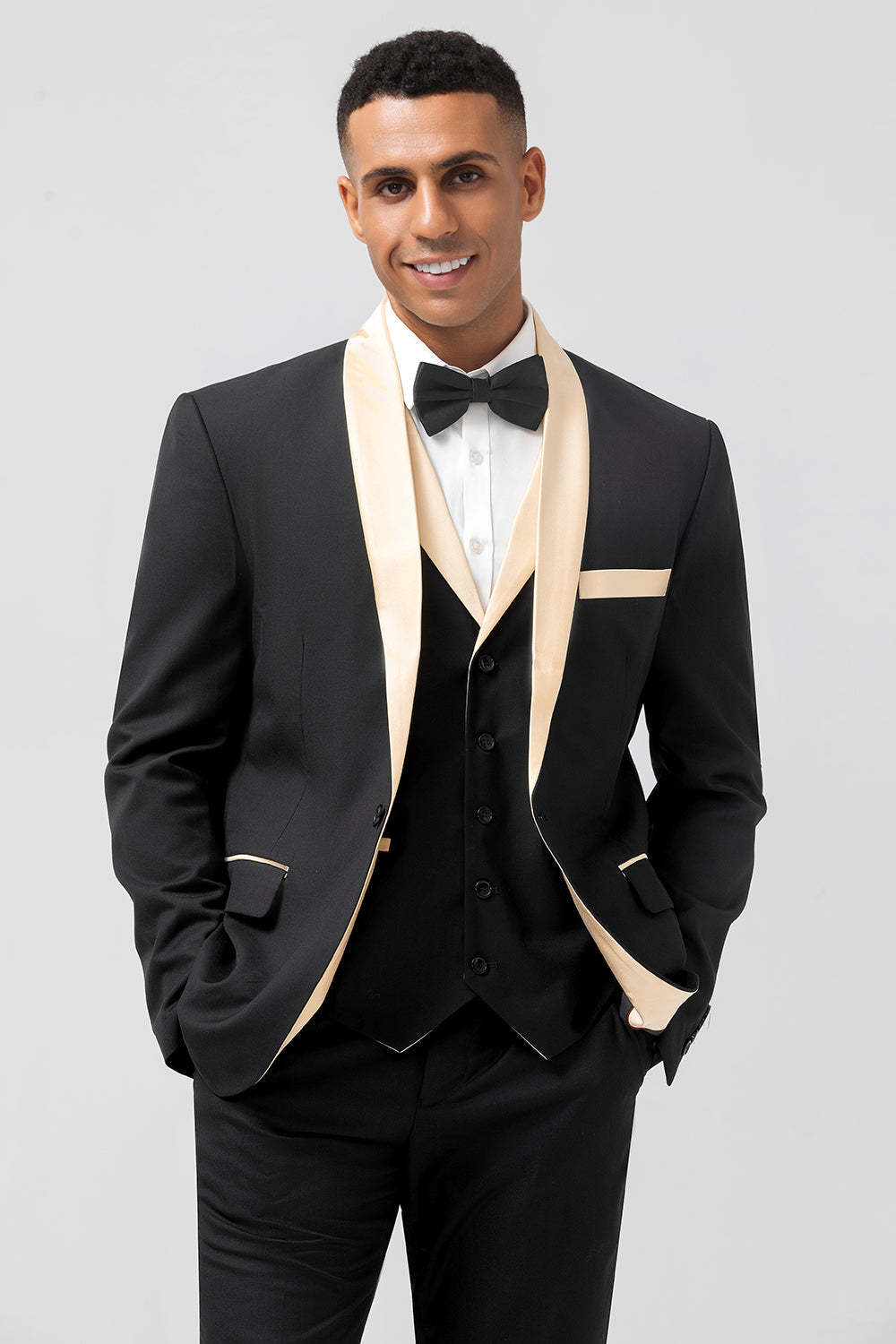 Black and Champagne Shawl Lapel  3 Piece Slim Fit Men's Homecoming Suits
