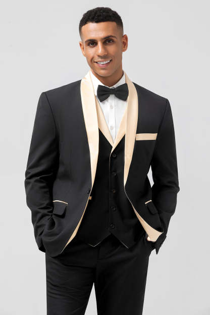 Black and Champagne Shawl Lapel  3 Piece Slim Fit Men's Homecoming Suits