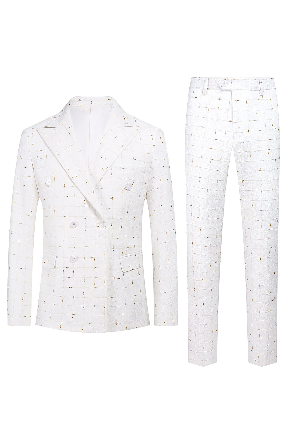 Leely White Plaid Peak Lapel 2 Piece Men's Prom Suits Double Breasted Formal Tuxedo