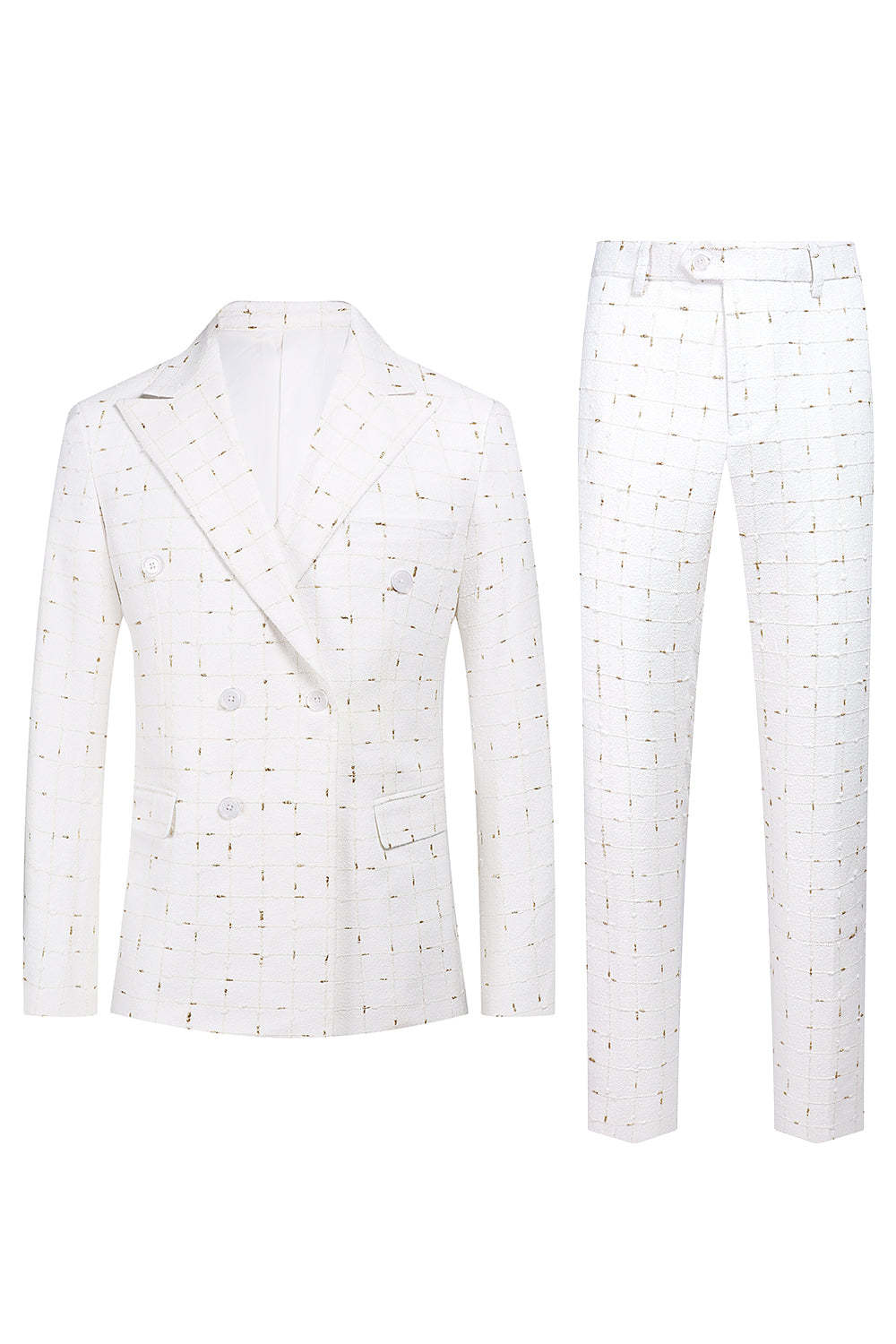 Leely White Plaid Peak Lapel 2 Piece Men's Prom Suits Double Breasted Formal Tuxedo